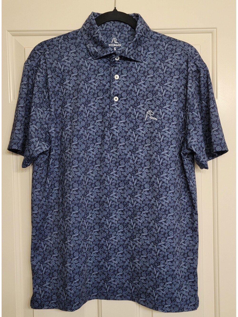 Rhoback Polo Shirt Men's Small Navy Blue Pasta Print Golf Performance Golf